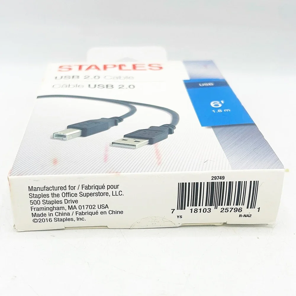 Staples USB 2.0 Cable 6ft Black New Printer Cable USB A to USB B 29749